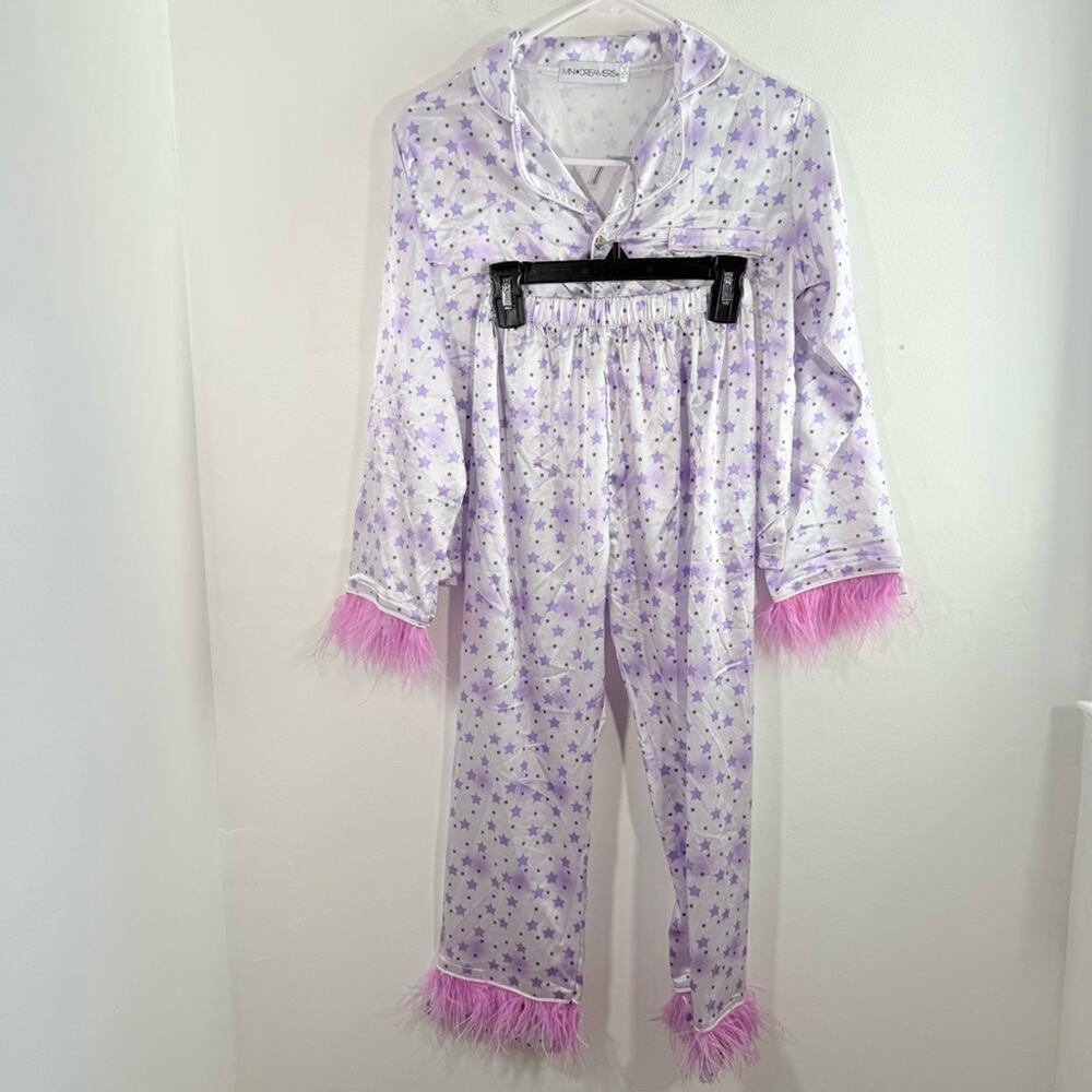 Mini Dreamers Purple Star Satin Pink Ostrich Feather Trim Pajama Matching Set 10